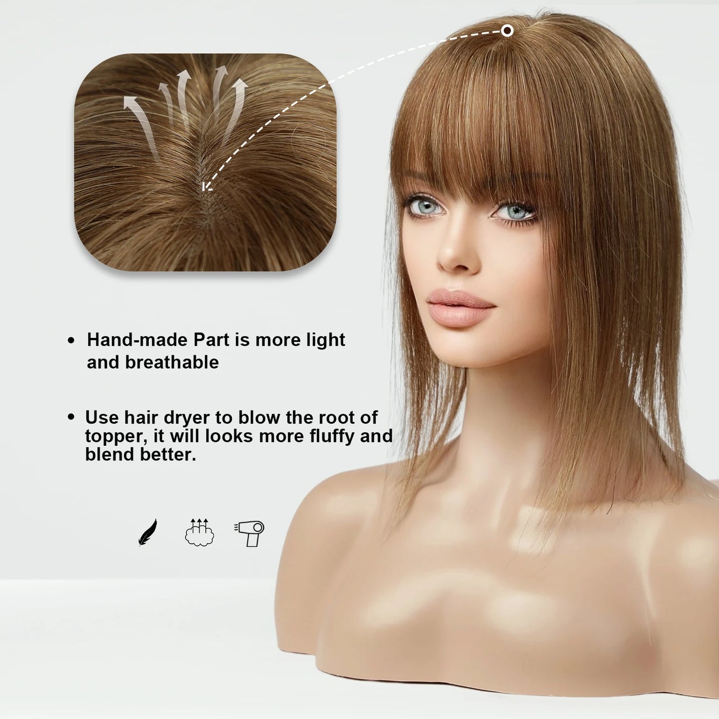 Ombre Blonde 100% Remy Human Hair Toppers with Bangs Silk Base Clip in Topper Top Hair in Hair Extension for Women 10/12/14inch