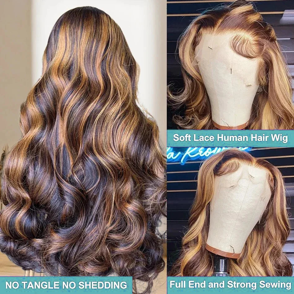 30 40 Inch 4/27 Highlight Body Wave 13x4 Human Hair Lace Frontal Wigs 250 Density Colored Ombre 13x6 HD Lace Front Wig For Women