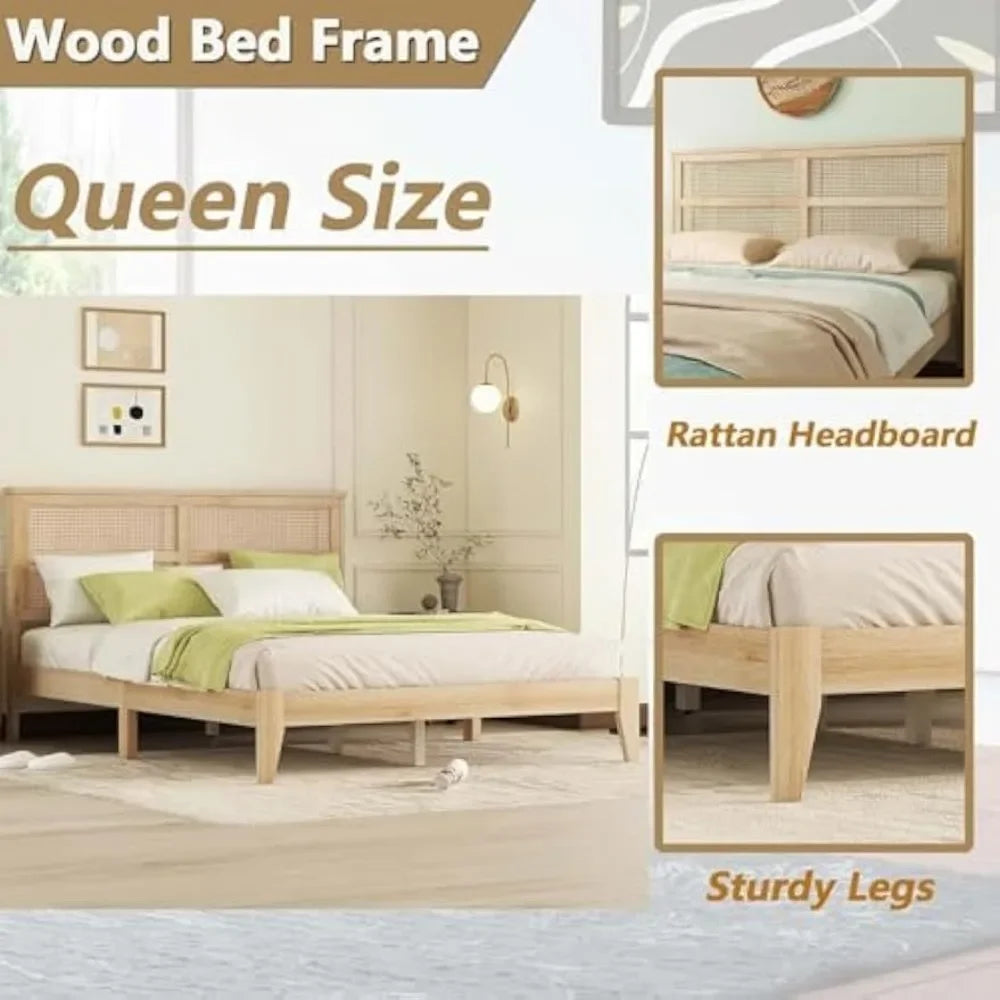 Queen Size Rattan Bed Frame, Natural Wood Bed Frame with Support Legs, Platform Beds with Rattan Headboard, Queen Bed Frame