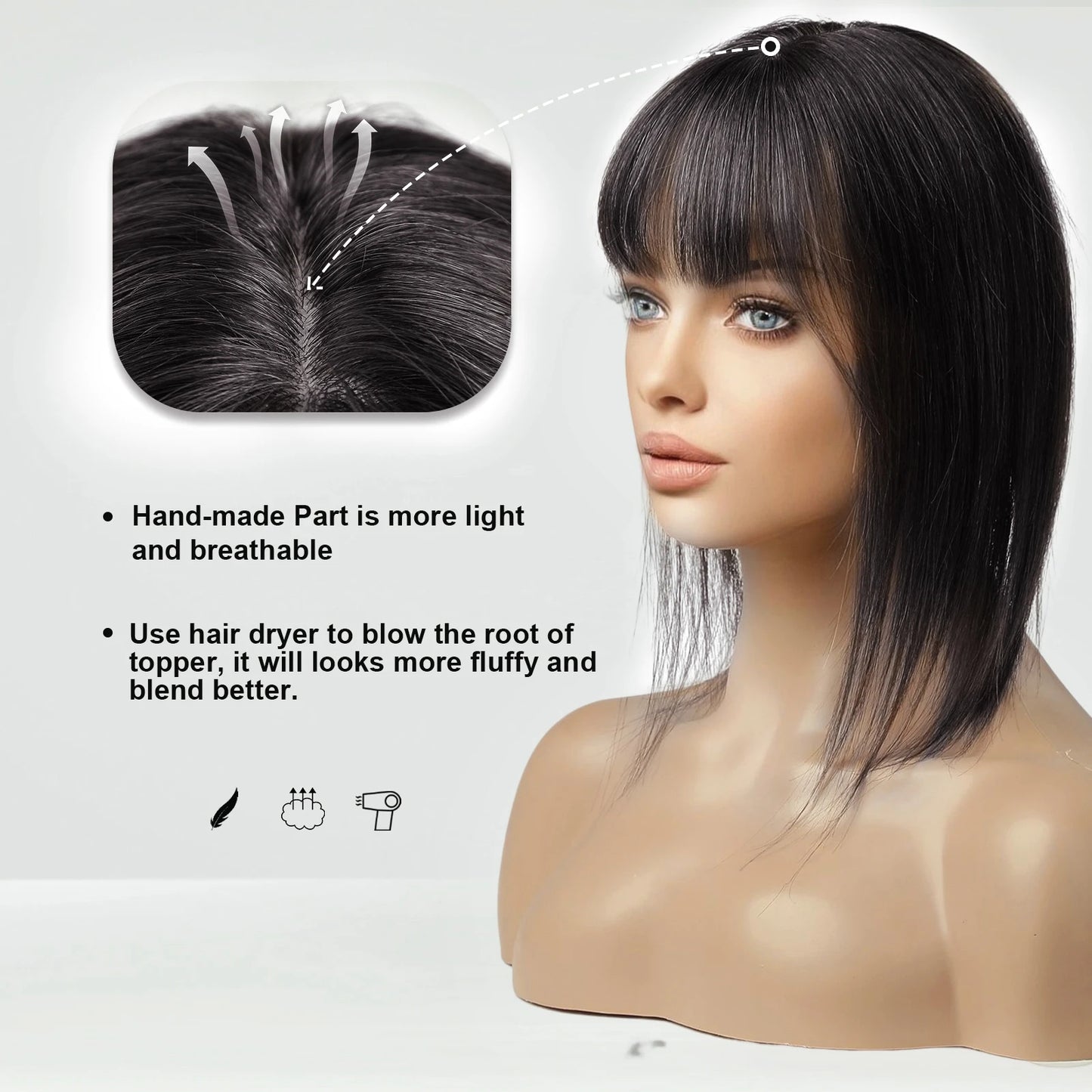 Ombre Blonde 100% Remy Human Hair Toppers with Bangs Silk Base Clip in Topper Top Hair in Hair Extension for Women 10/12/14inch