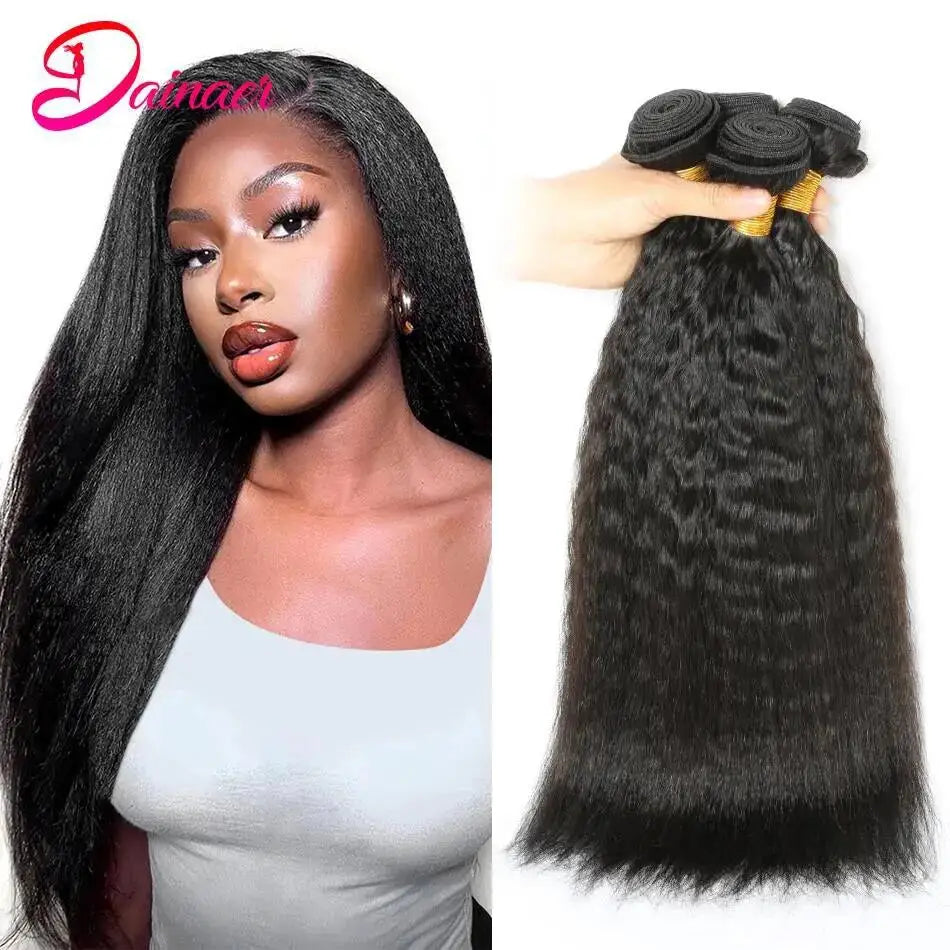 3 Pcs Kinky Straight Bundles Brazilian Unprocessed Virgin Human Hair Weave Bundles 4C  Yaki Human Hair Extensions Natural Black