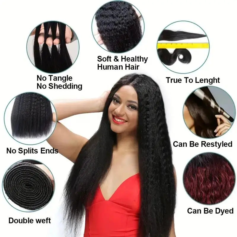 3 Pcs Kinky Straight Bundles Brazilian Unprocessed Virgin Human Hair Weave Bundles 4C  Yaki Human Hair Extensions Natural Black