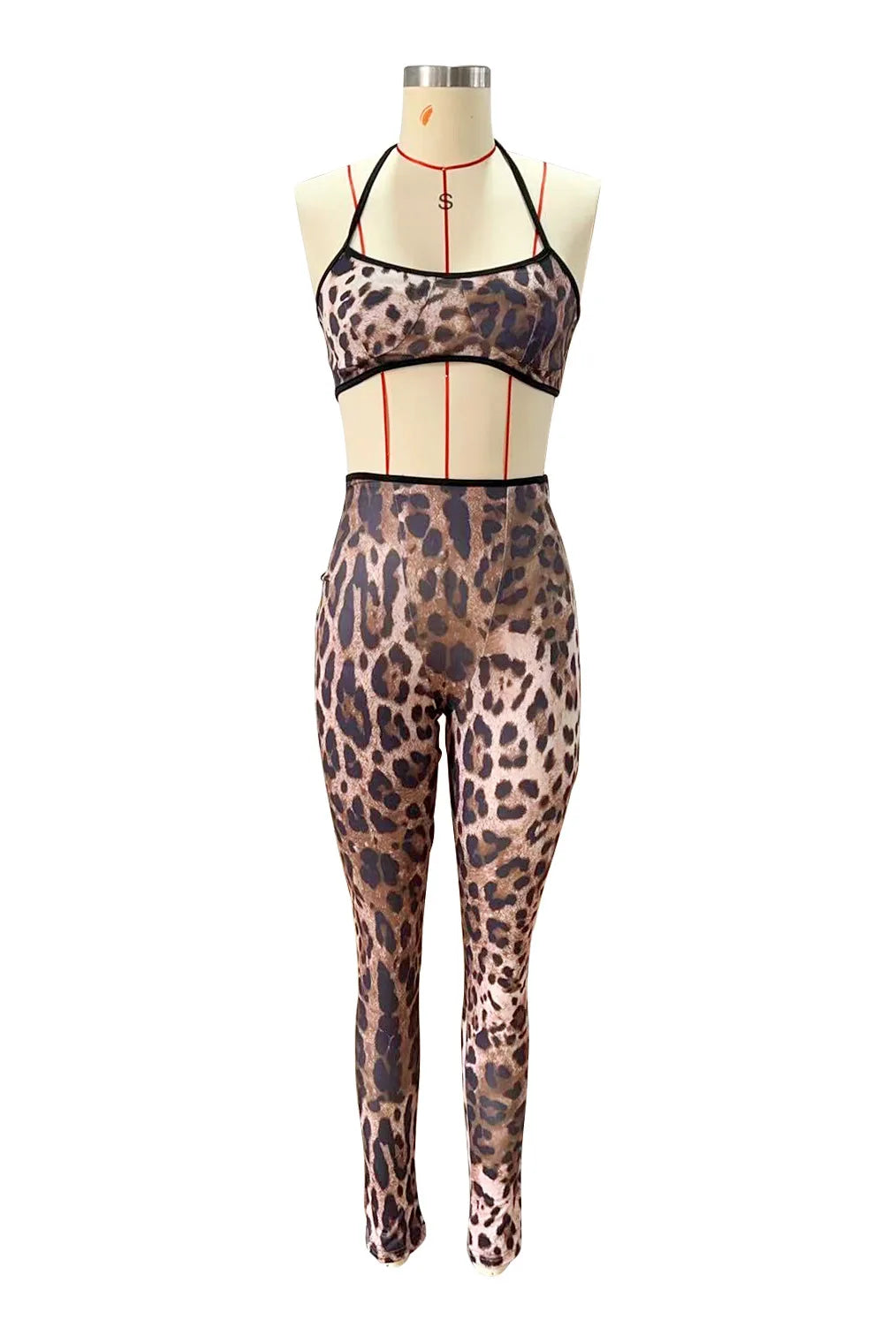 Leopard Printed Women's Set Strap Sleeve Crop Top and Legging Pants