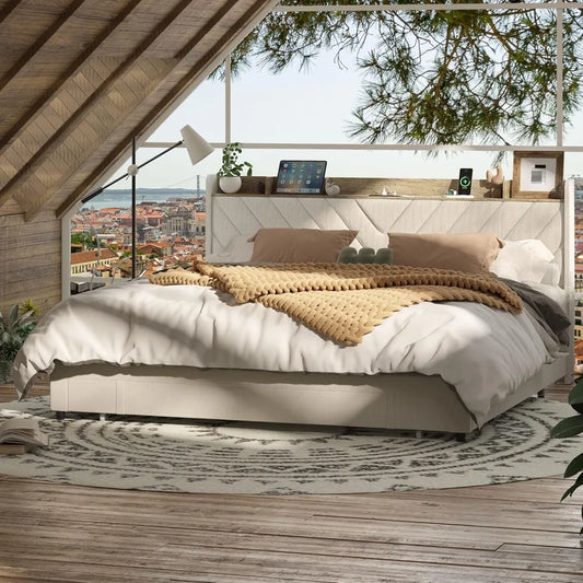 Bed Frame Queen Size with Headboard,Upholstered Platform Bedframe with 3 Underbed Storage Drawers,AC USB & Type C Charge Station