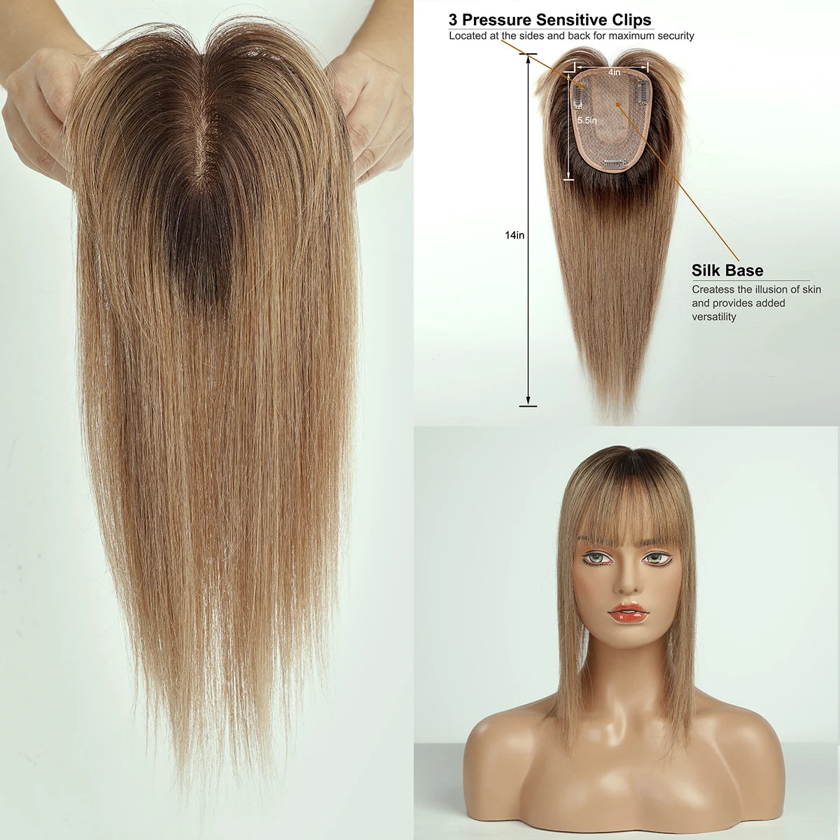 Ombre Blonde 100% Remy Human Hair Toppers with Bangs Silk Base Clip in Topper Top Hair in Hair Extension for Women 10/12/14inch