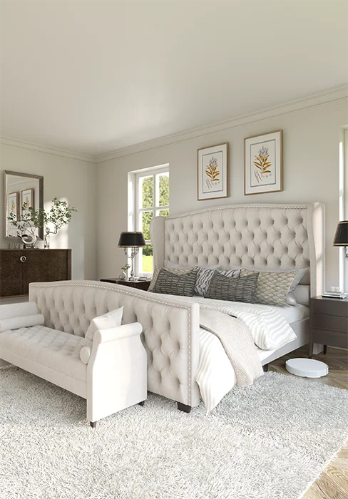 AMERLIFE Queen Size Platform Bed Frame, Chenille Upholstered Sleigh Bed with Wingback Headboard, No Box Spring, Cream