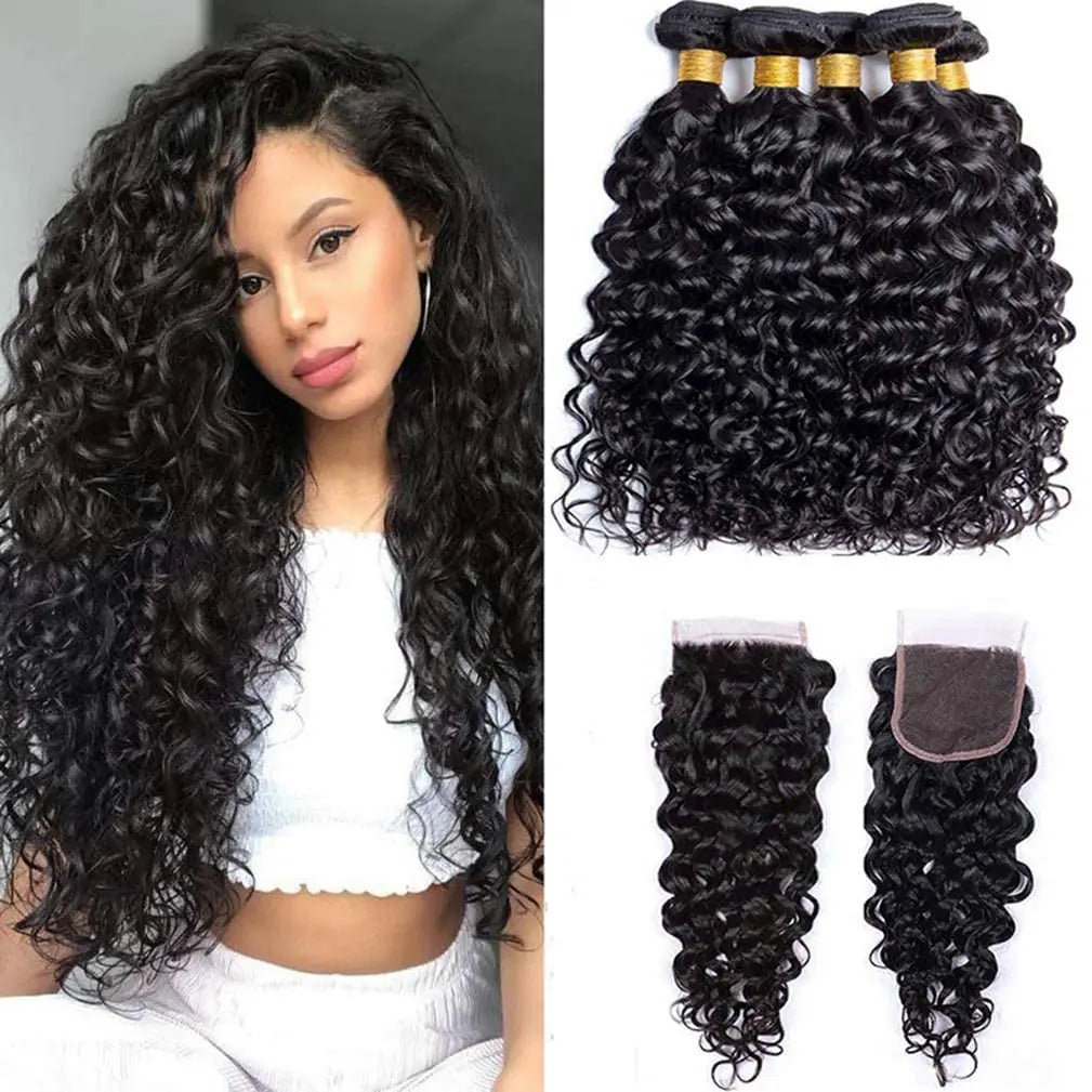 12A Water Wave Bundles With Frontal Wet and Wavy Virgin Curly Loose Deep Wave 100% Human Hair Bundles With Closure Peruvian Hair