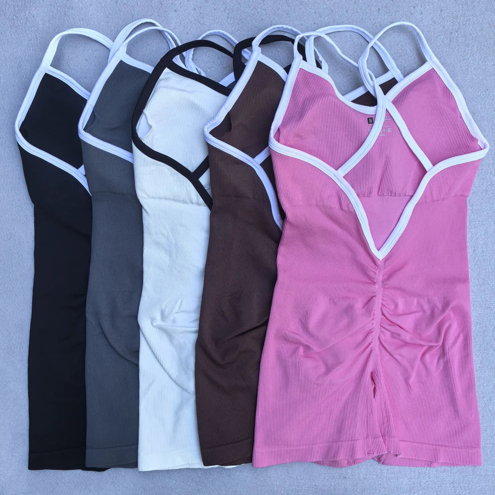 Summer Seamless Yoga Jumpsuit Women Gym Set Spaghetti Strap Leisure Workout Gym Shorts Padded Bra One-piece Fitness Bodysuits