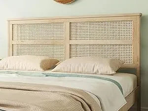 Queen Size Rattan Bed Frame, Natural Wood Bed Frame with Support Legs, Platform Beds with Rattan Headboard, Queen Bed Frame