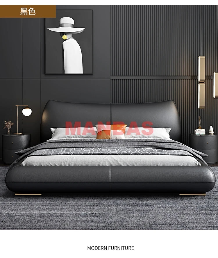 Linlamlim Genuine Leather Bed Double Size Rectangle Bed Frame Nordic King/Queen Size Wedding Lits Designer Upholstered Camas