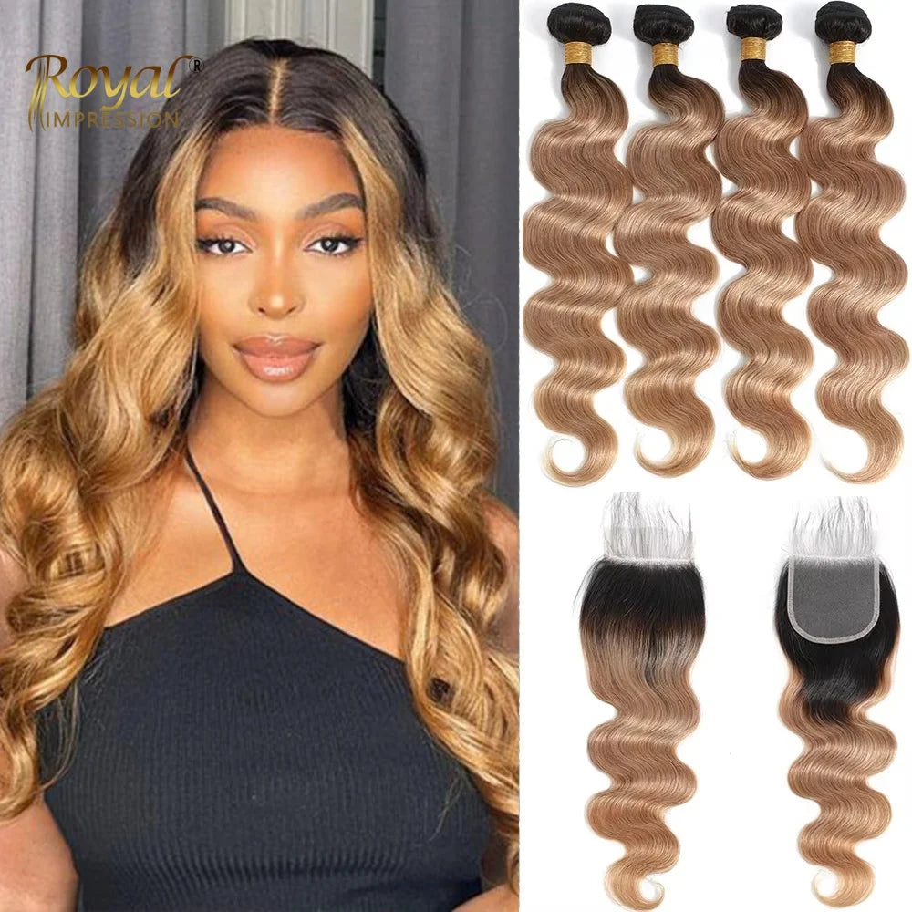 Ombre Color Body Wave Human Hair Bundles with closure Brazilian  human hair 1b/4/27 Hair Weave Bundles human Hair Extension