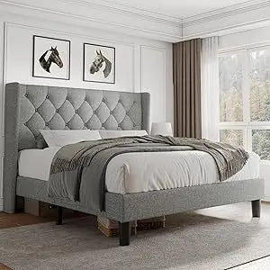 iPormis Full Size Platform Bed Frame with Button Tufted Headboard, Upholstered Bed Frame with Solid Wooden Slats, 8" Underbed Sp