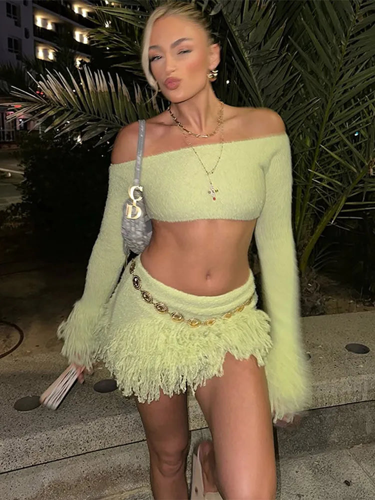 Elegant Tassel Knitted Skirt Set Women Off Shoulder Long Sleeve Crop Top Hip Package Mini Skirts Suit Summer Beach Lady Outfits