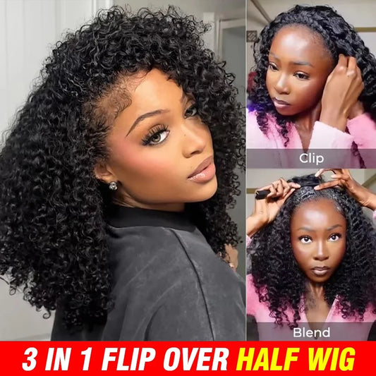 Human Hair Flip Over 3 IN 1 Afro Kinky Curly Glueless Wig
