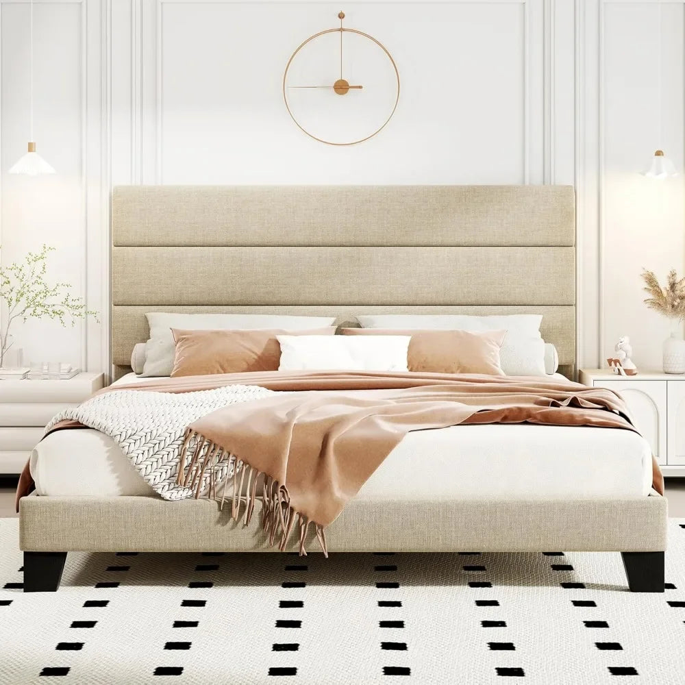 HOOMIC King Size Bed Frame with Headboard, Fabric Upholstered Platform Bed with Strong Wood Slats Support, Mattress Foundation,