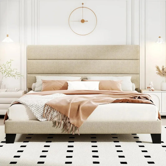 HOOMIC King Size Bed Frame with Headboard, Fabric Upholstered Platform Bed with Strong Wood Slats Support, Mattress Foundation,