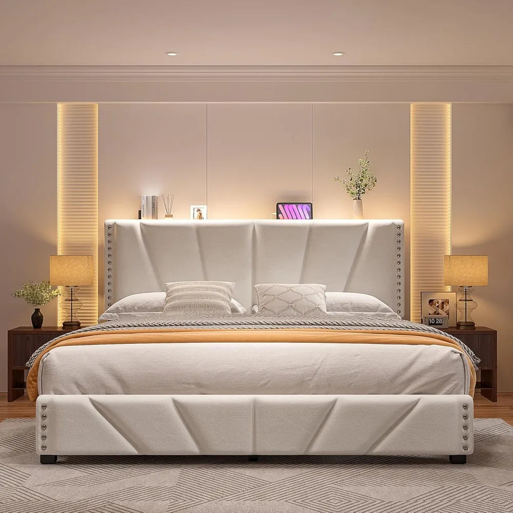 EnHomee King Size Bed Frame with Velvet Headboard and LED Lights， Storage Headboard Platform Bed with Charging Station, Sturdy W