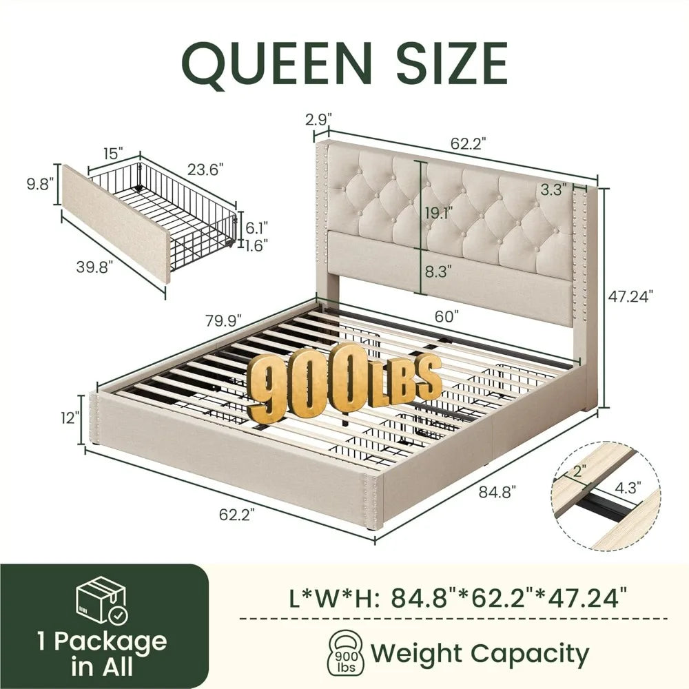 Queen Size Bed Frame with 4 Storage Drawers and Tufted Headboard Linen Upholstered Platform Bed Frame with Heavy Duty Wood Slats