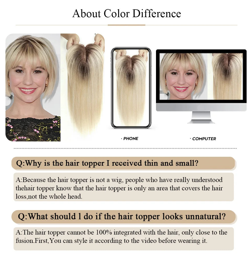 Ombre Blonde 100% Remy Human Hair Toppers with Bangs Silk Base Clip in Topper Top Hair in Hair Extension for Women 10/12/14inch