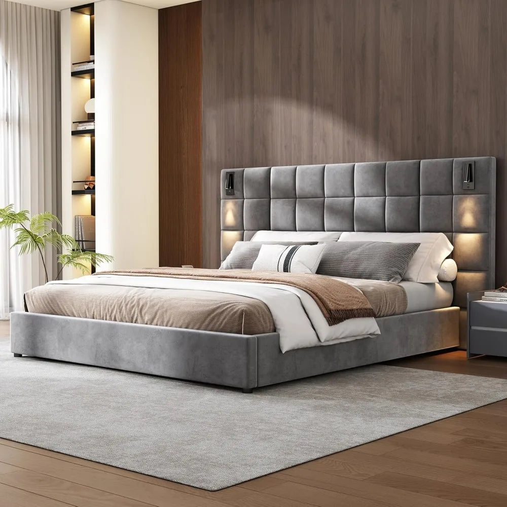King Size Velvet Platform Bed with Adjustable Reading Lamp and USB Port, Upholstered Platform Bed with Wide Headboard and Wooden