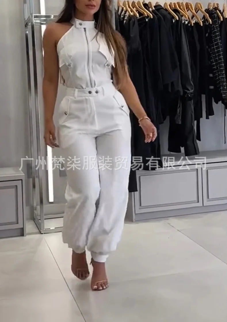 Two Piece Set Women Outfit Summer Sleeveless High Neck Cargo Pockets Design Top & Casual High Waist Cuffed Long Pants Set