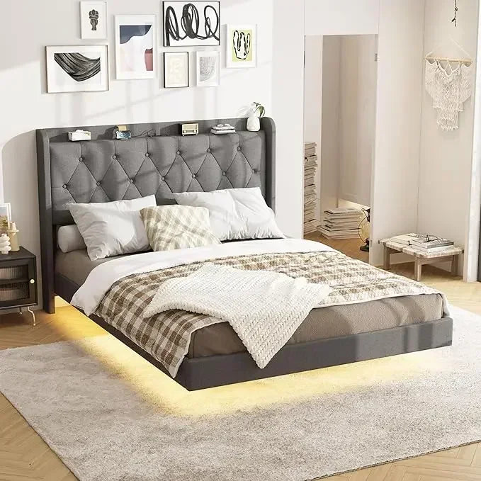 King Bed Frame, Floating with LED Lights, Upholstered Bed with Charging Station, No Box Spring Needed, Bed Frame