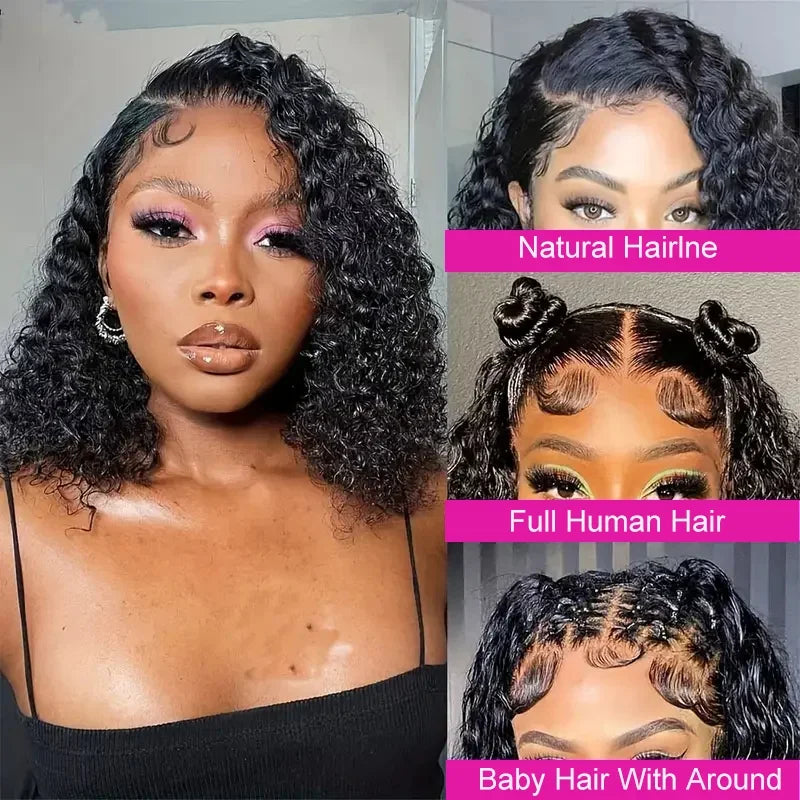 200 Density 13x6 Short Bob  Deep Wave wigs Curly 100% Human Hair 13x4 HD Transparent Lace Front Wig 14 16 Inches