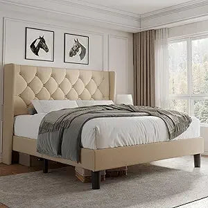 iPormis Full Size Platform Bed Frame with Button Tufted Headboard, Upholstered Bed Frame with Solid Wooden Slats, 8" Underbed Sp