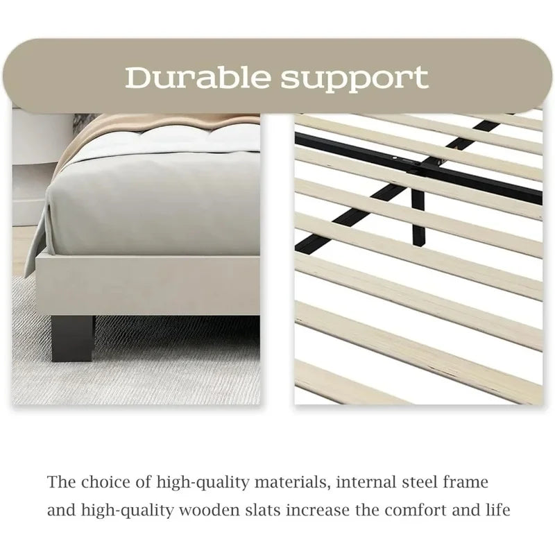 King Size Upholstered Platform Bed Frame with Headboard, Wooden Slats, Easy Assembly, No Box Spring Needed, Beige Velvet.