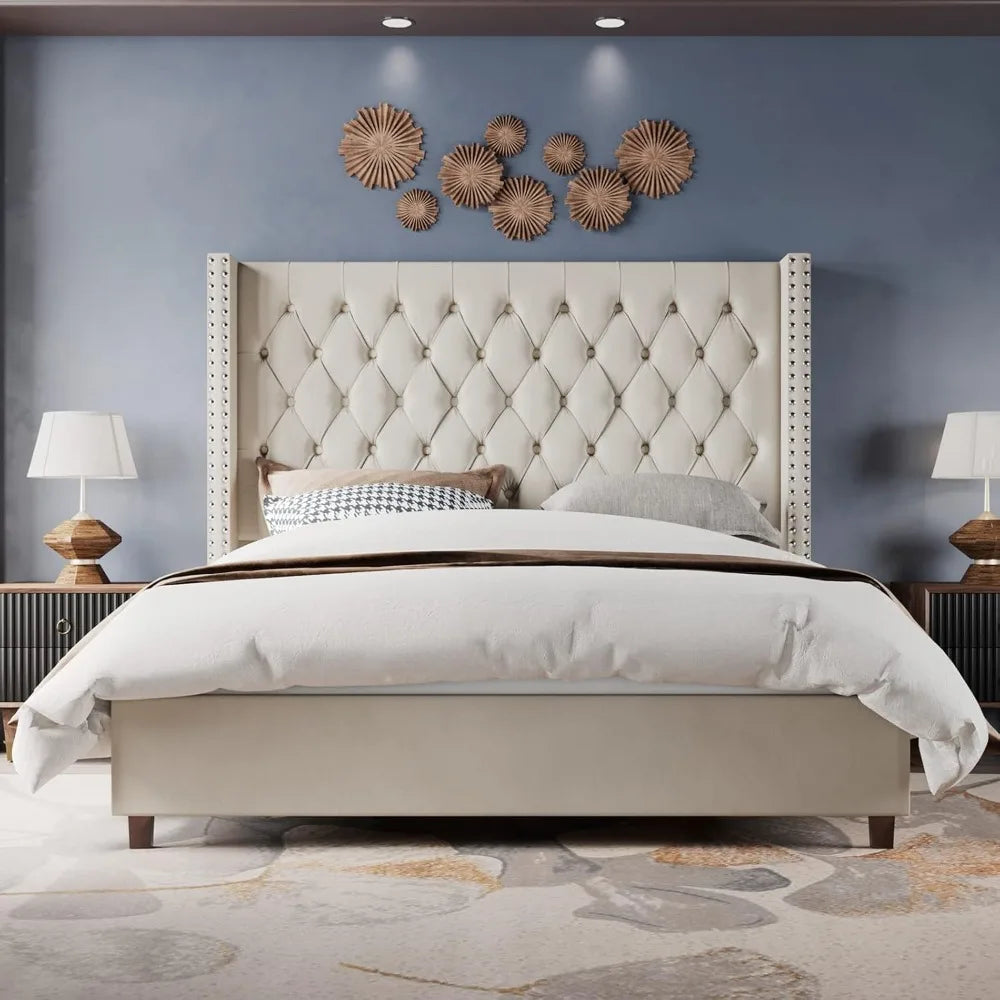 Jocisland Velvet Upholstered Bed Frame King Size 61.4" Tall Headboard King Bed Frame/Deep Button Tufted/No Box Spring Needed/Cre