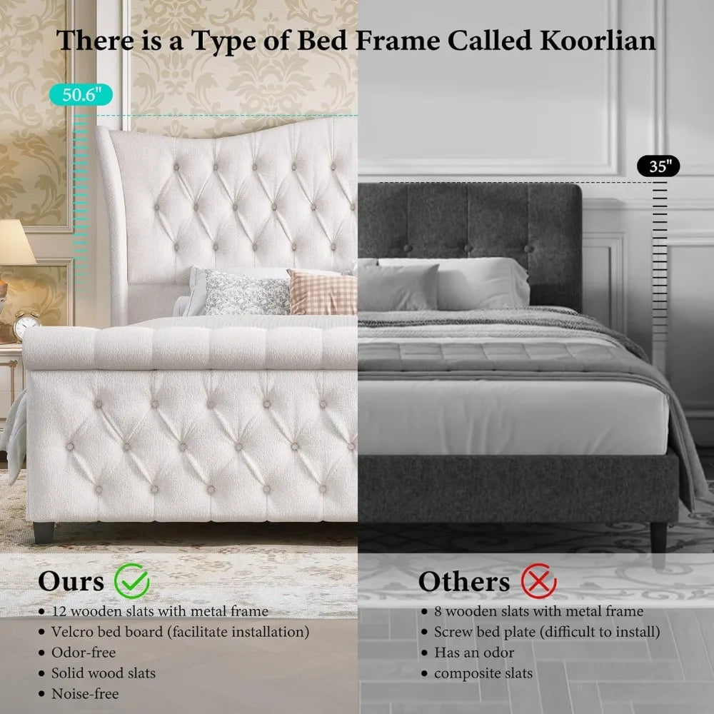 King Size Chenille Upholstered Bed Frame, Sleigh Platform Bed Frames with 51" Tall Wingback Headboard & 27" Scroll Footboard