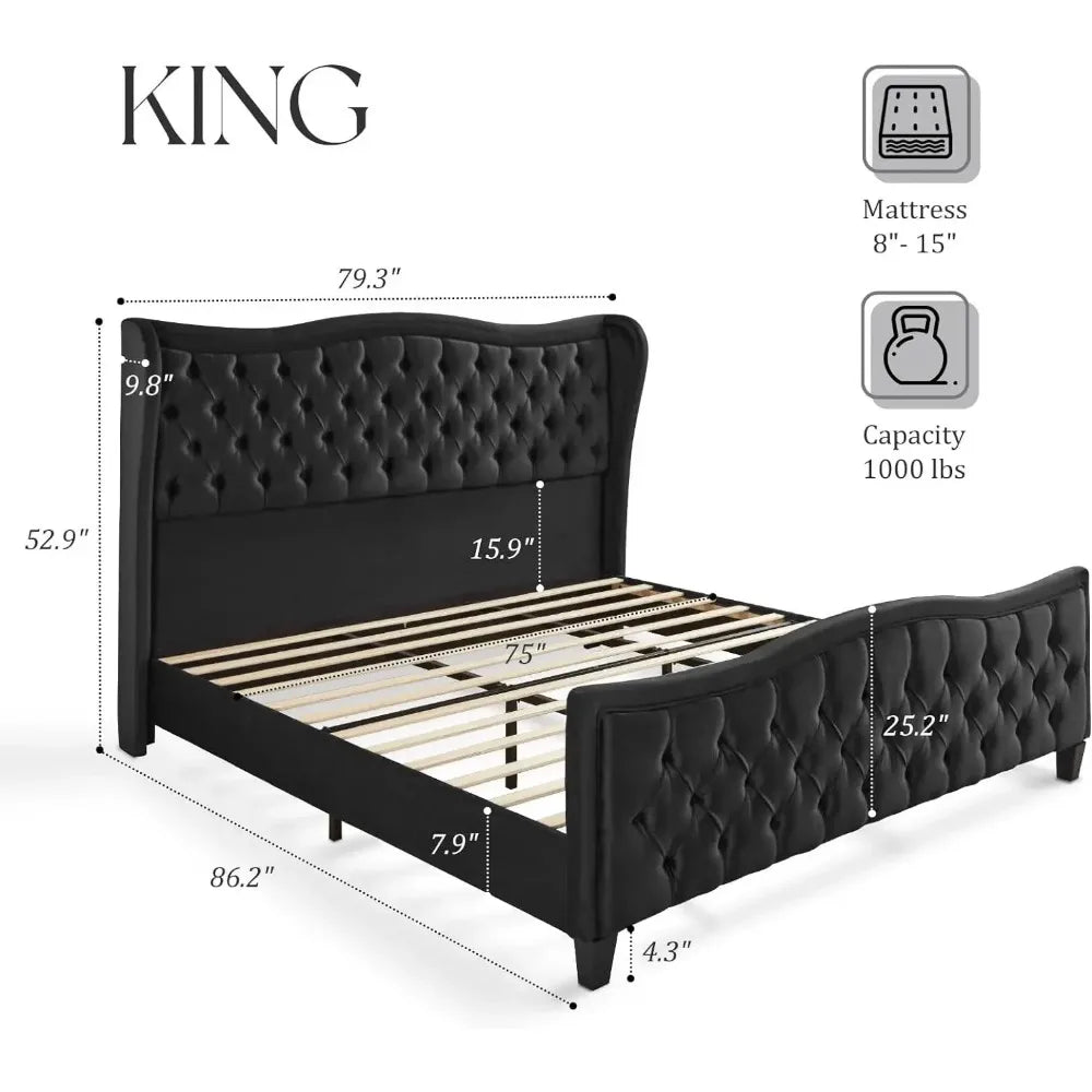 Platform Bed Frame, Wavy Velvet Wingback Upholstered Bed with Handmade Deep Button Tufted High Headboard & Footboard
