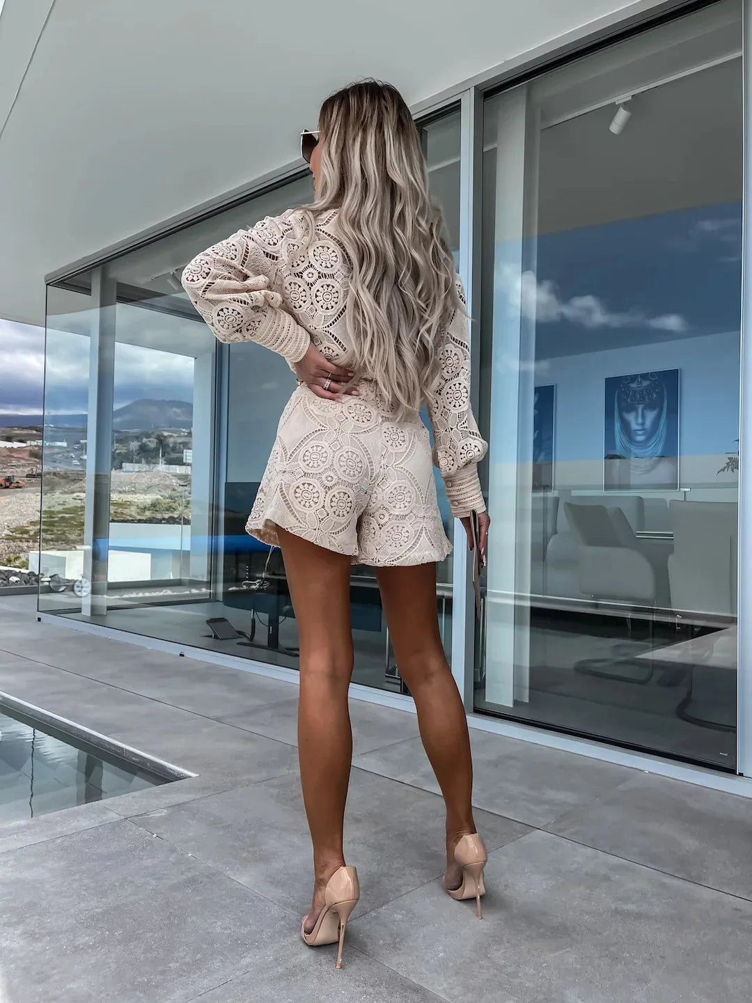 Lace Shirt Single Breasted Long Sleeve Shorts Set Spring Summer Slim Elegant Ladies Office White Shorts 2piece Set