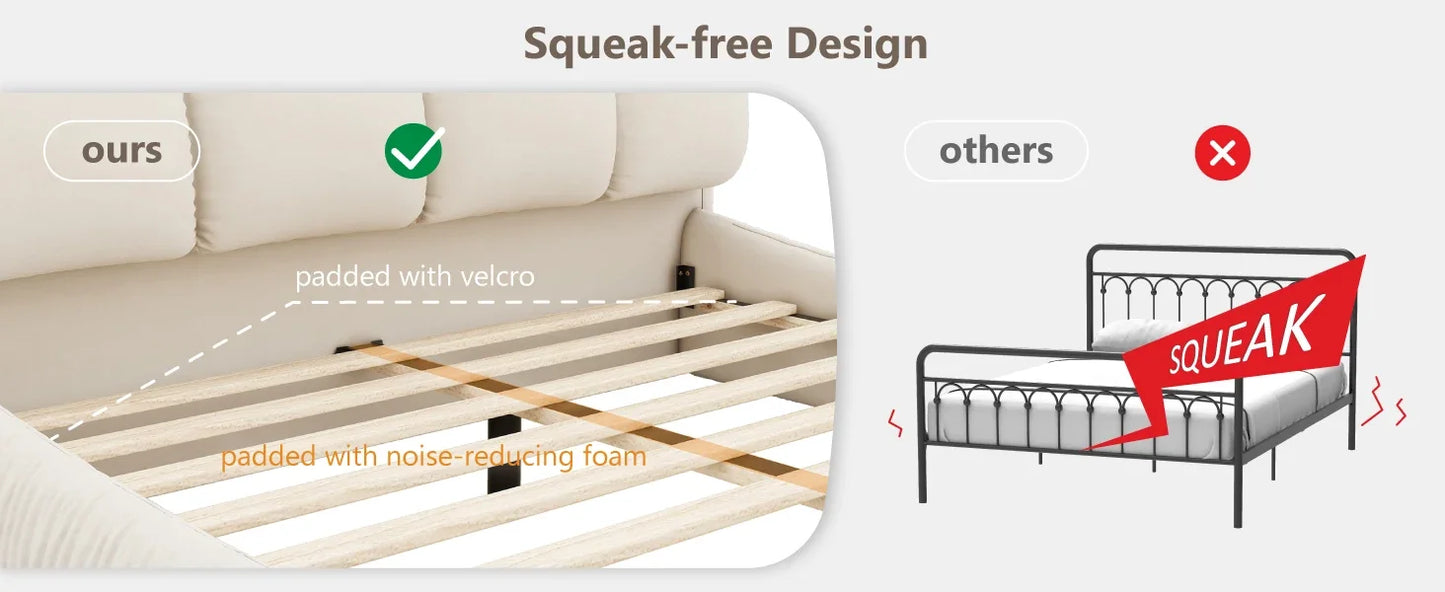 Beige Faux Leather Upholstered Solid Wood Frame Cloud Bed,King Size Platform Bed,Squeak-Free with Overstuffed Padded Headboard