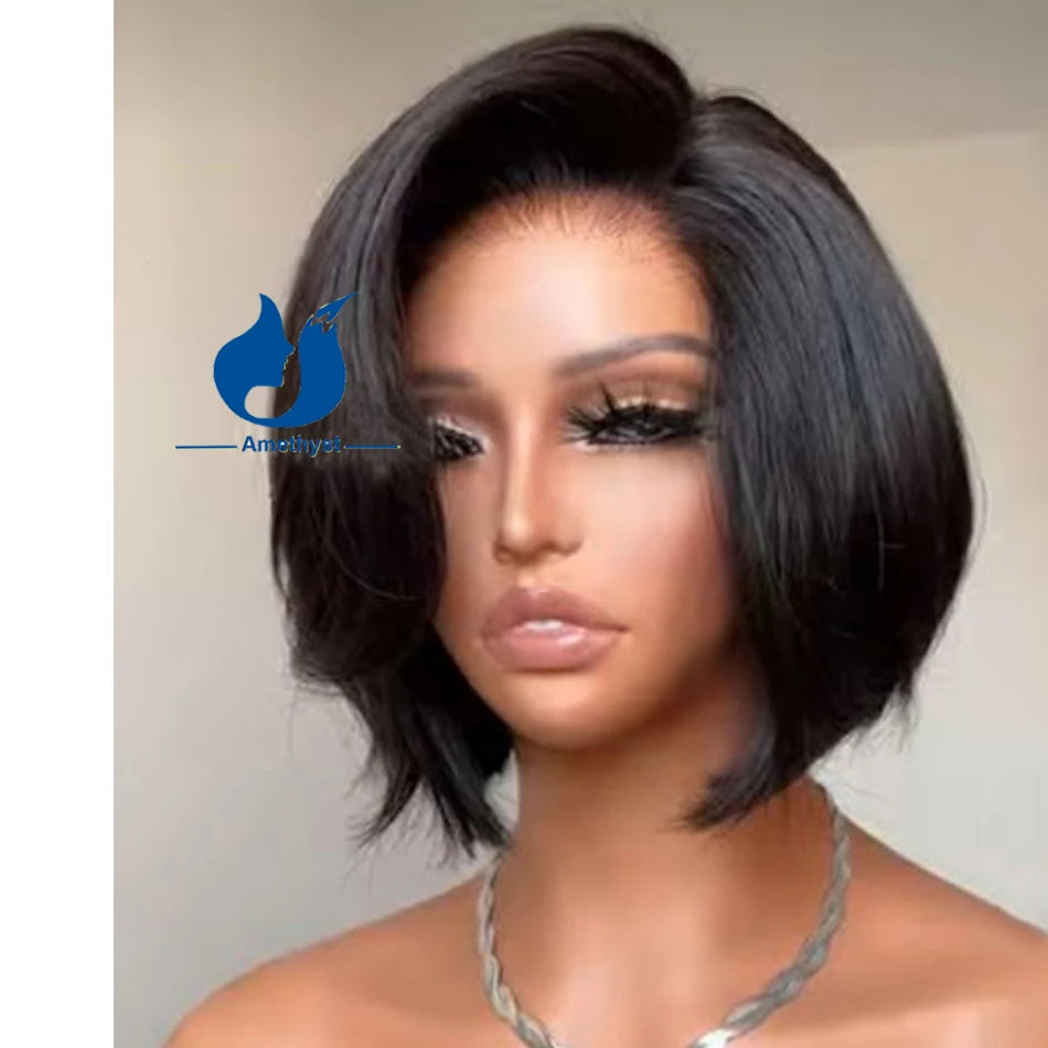 Natural Layered Short Bob with Side Bangs Straight 13x6 Lace Front Human Hair Wigs Straight Bob Pixie Cut