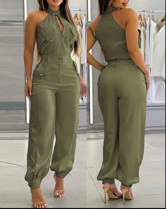 Two Piece Set Women Outfit Summer Sleeveless High Neck Cargo Pockets Design Top & Casual High Waist Cuffed Long Pants Set