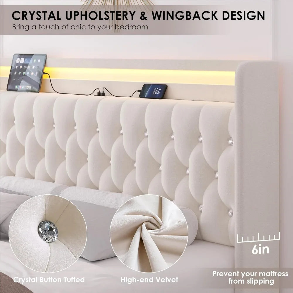 bedstead, with Charging Station and 4 Storage Drawers, Velvet Upholstered Platform Bed with Headboard, Metal Frame, bedstead