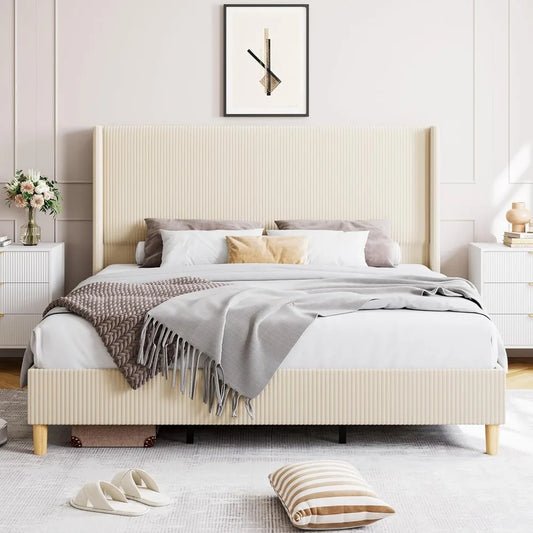 King Size Bed Frame, Upholstered Platform Corduroy Bed Frame with Vertical Channel Tufted Wingback Headboard, Strong Wooden Slat