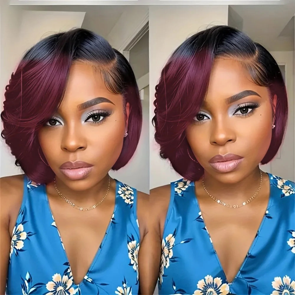 13x4 frontal lace daily party use remy wig 150% density 8inch 99 brown black color short straight pixie cut human hair wig
