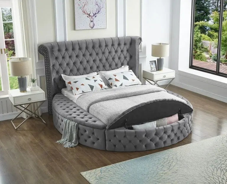 Custom Classic Wingback Divan Leather Bed Bedroom Sets Round Storage King Size Bed