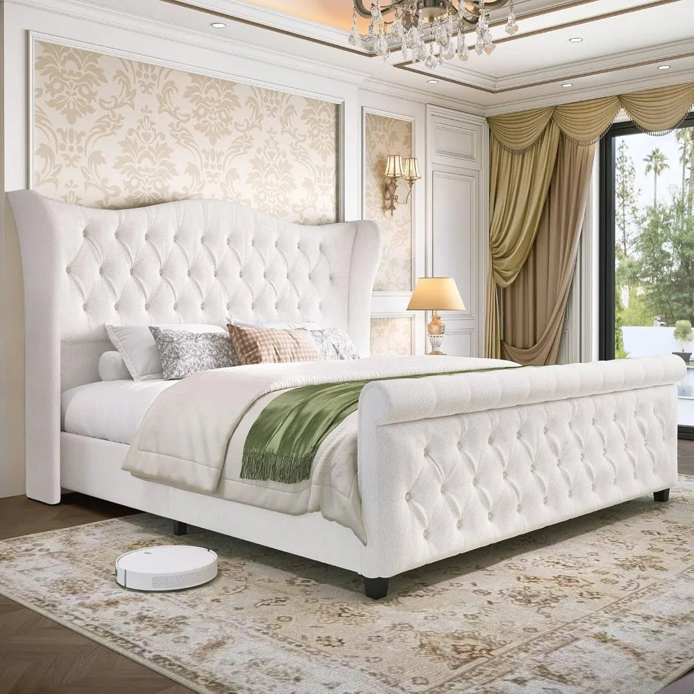 King Size Chenille Upholstered Bed Frame, Sleigh Platform Bed Frames with 51" Tall Wingback Headboard & 27" Scroll Footboard