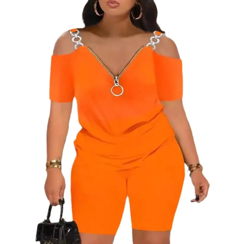 2 Piece Set Women Sexy Off Shoulder Strap short sleeves T-shirt