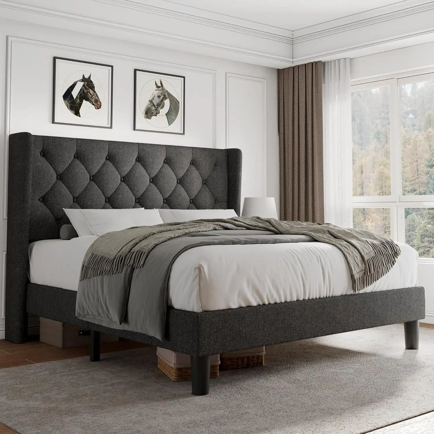 Full Size Bed Frame with Diamond Button Tufted Wingback Headboard, Upholstered Platform Bed Frame with Strong Wood Slat Support