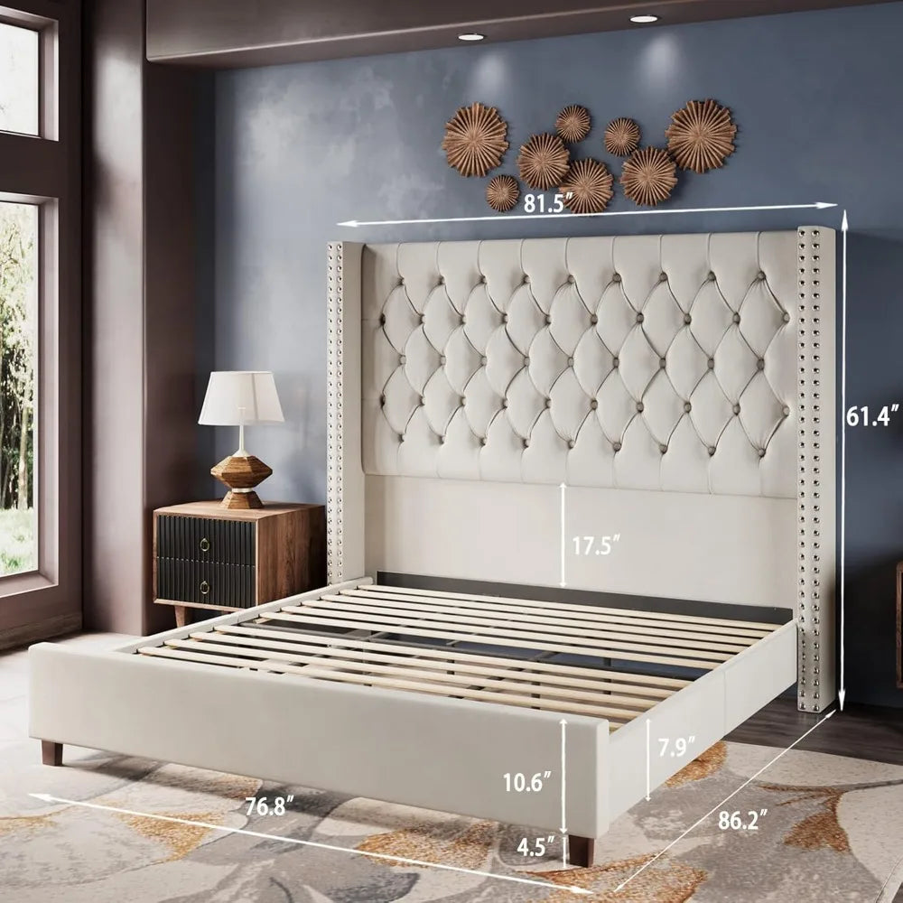 Jocisland Velvet Upholstered Bed Frame King Size 61.4" Tall Headboard King Bed Frame/Deep Button Tufted/No Box Spring Needed/Cre