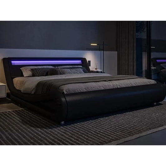 King Size LED Platform Bed Frame with Adjustable Headboard/No Box Spring Need/Easy Assembly/Faux Leather in White and Black