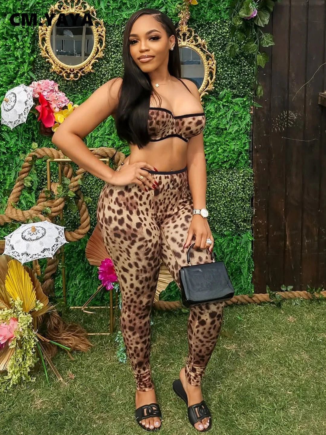 Leopard Printed Women's Set Strap Sleeve Crop Top and Legging Pants