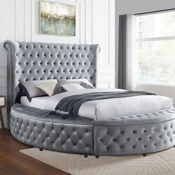 Custom Classic Wingback Divan Leather Bed Bedroom Sets Round Storage King Size Bed
