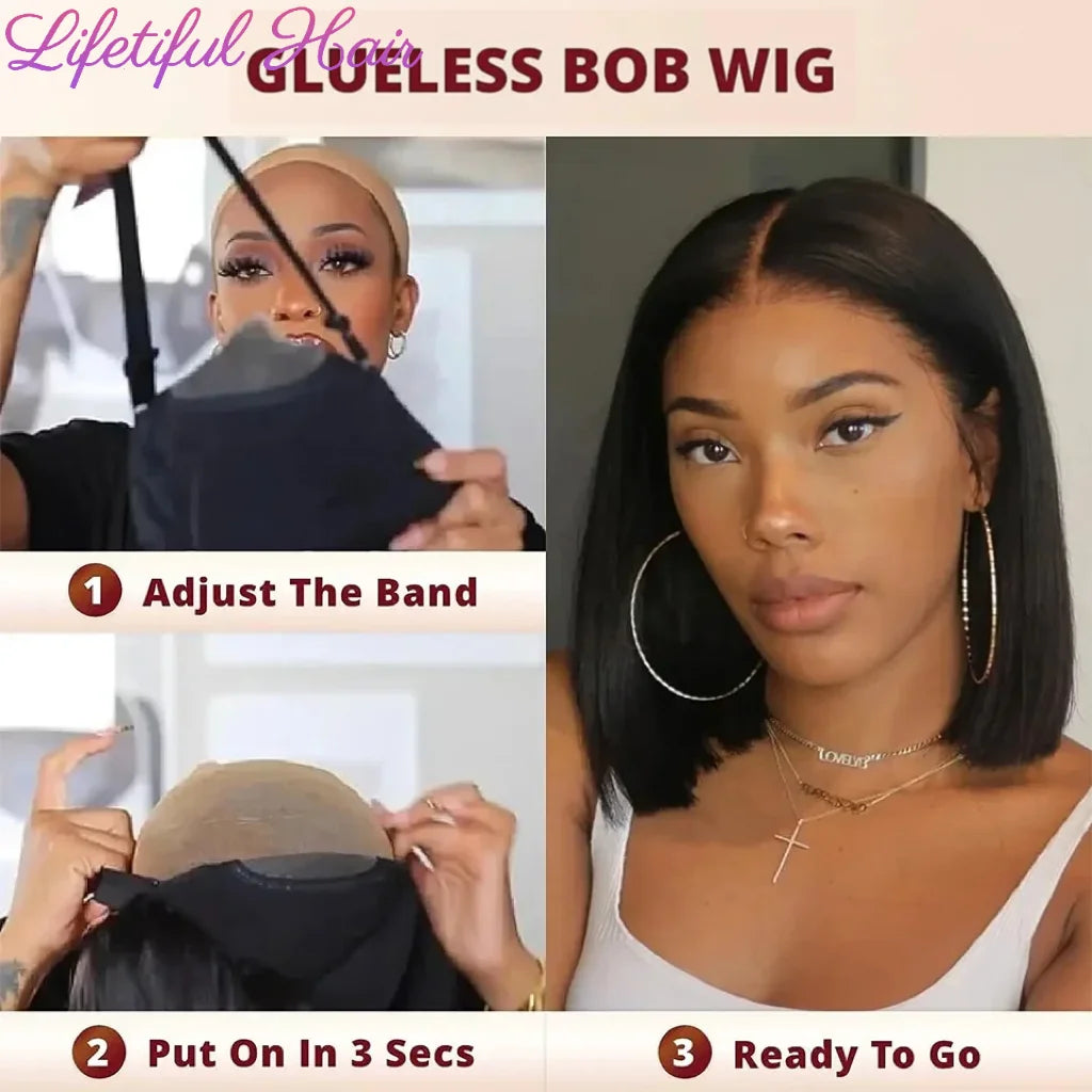 Glueless Bob Hair Wig Human Hair Ready To Wear Straight Transparent 4x4 Lace Closure