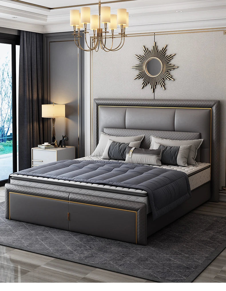 Light Luxury  Bed Frame Dark Gray Complete Furniture Bedrooms Set Beside Tables Cama King Size 2 People For Apartment Villa Home