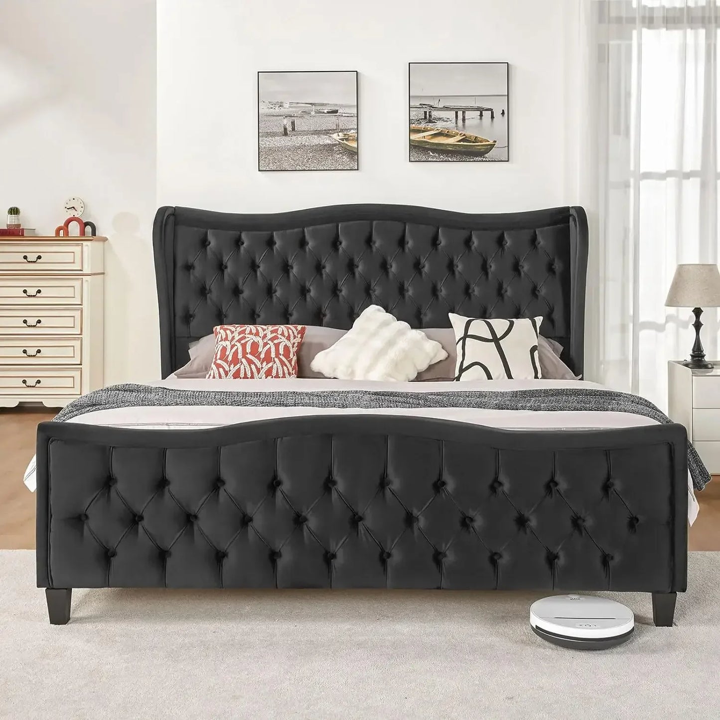 Platform Bed Frame, Wavy Velvet Wingback Upholstered Bed with Handmade Deep Button Tufted High Headboard & Footboard